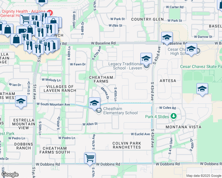 map of restaurants, bars, coffee shops, grocery stores, and more near 8213 South Jenna Lane in Phoenix