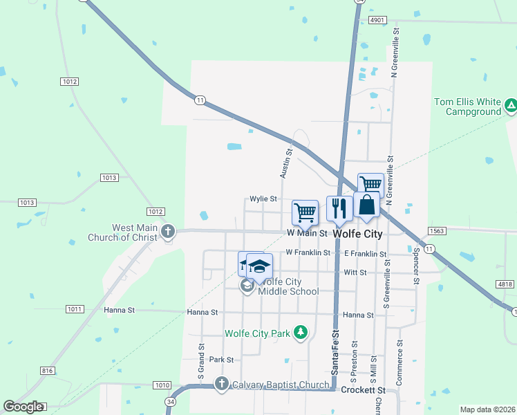 map of restaurants, bars, coffee shops, grocery stores, and more near 201 San Antonio Street in Wolfe City