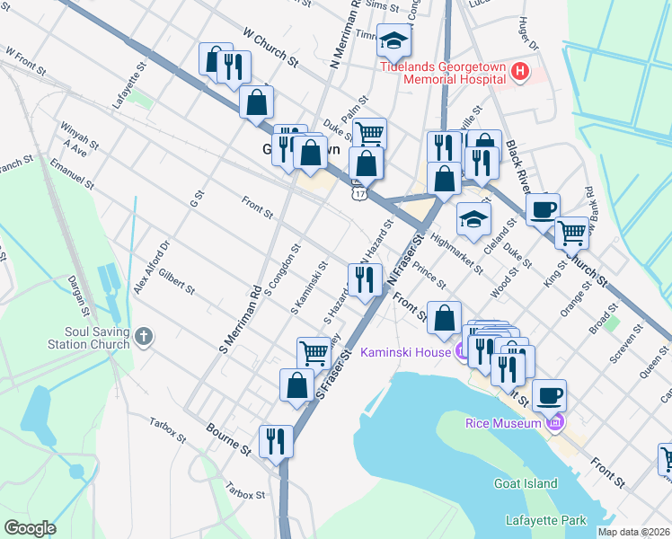 map of restaurants, bars, coffee shops, grocery stores, and more near 1521 Front Street in Georgetown