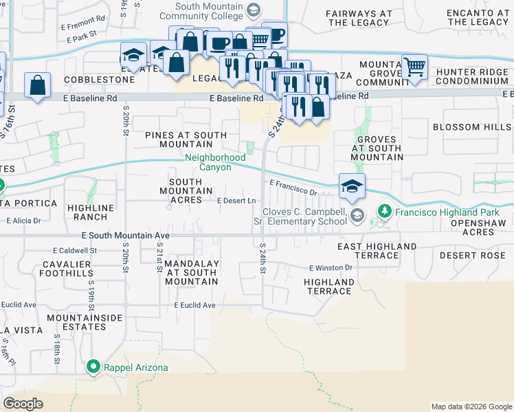 map of restaurants, bars, coffee shops, grocery stores, and more near 8205 South 23rd Place in Phoenix