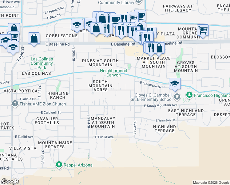map of restaurants, bars, coffee shops, grocery stores, and more near 2231 East Desert Lane in Phoenix