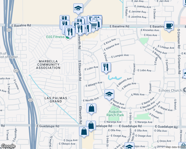 map of restaurants, bars, coffee shops, grocery stores, and more near 9257 East Medina Avenue in Mesa
