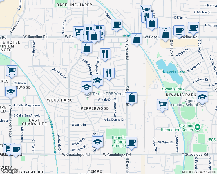 map of restaurants, bars, coffee shops, grocery stores, and more near 5640 South Wilson Street in Tempe