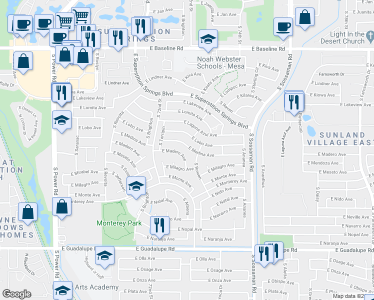 map of restaurants, bars, coffee shops, grocery stores, and more near 7329 E Medina Ave in Mesa