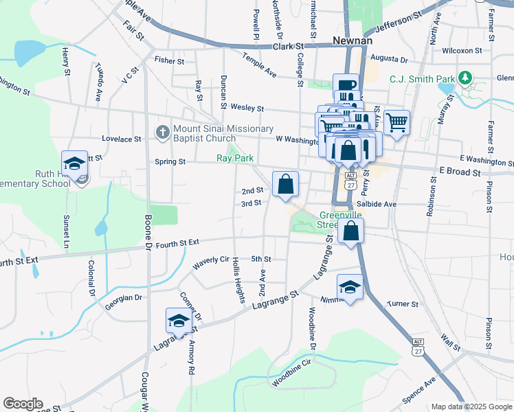 map of restaurants, bars, coffee shops, grocery stores, and more near 8 3rd Street in Newnan