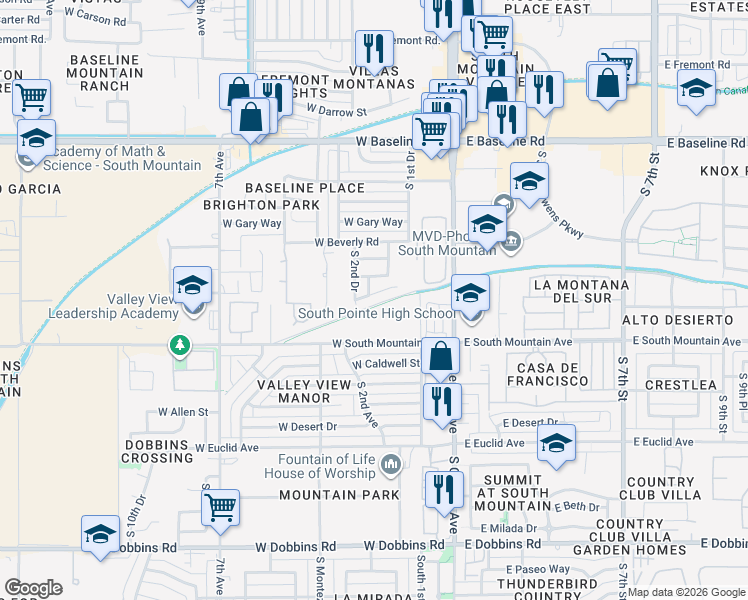 map of restaurants, bars, coffee shops, grocery stores, and more near 207 West Latona Road in Phoenix
