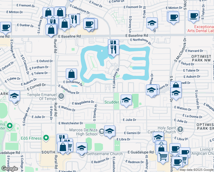 map of restaurants, bars, coffee shops, grocery stores, and more near 5609 South Hurricane Court in Tempe
