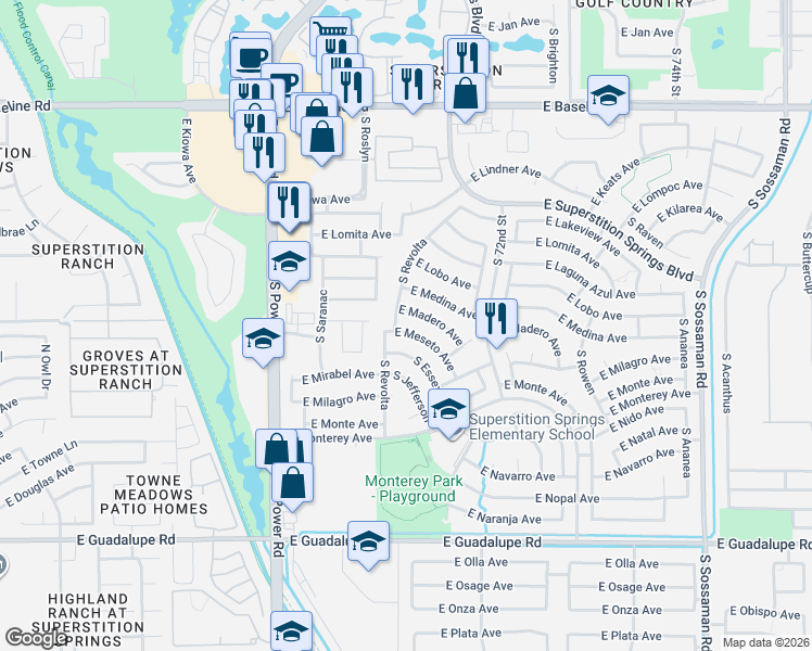 map of restaurants, bars, coffee shops, grocery stores, and more near 7054 East Meseto Avenue in Mesa