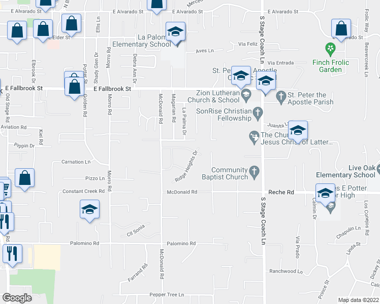 map of restaurants, bars, coffee shops, grocery stores, and more near 1181 North Crescent Ridge Road in Fallbrook