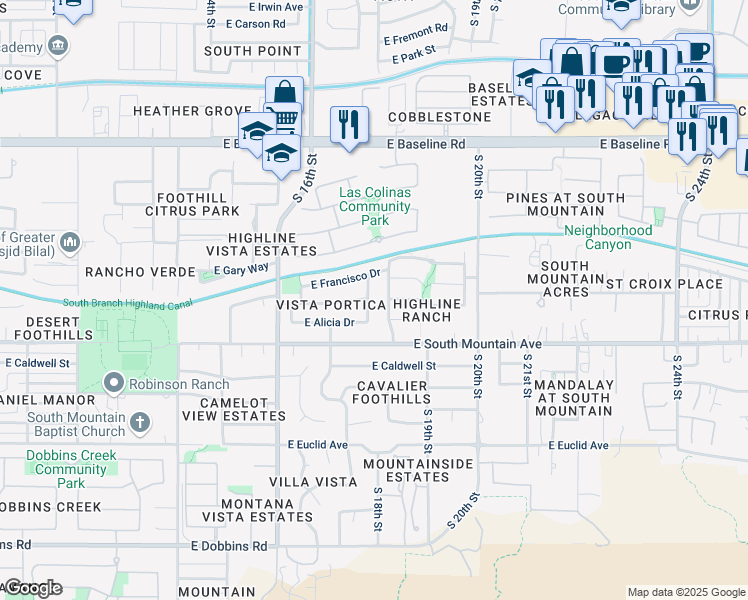 map of restaurants, bars, coffee shops, grocery stores, and more near 8207 South 18th Street in Phoenix