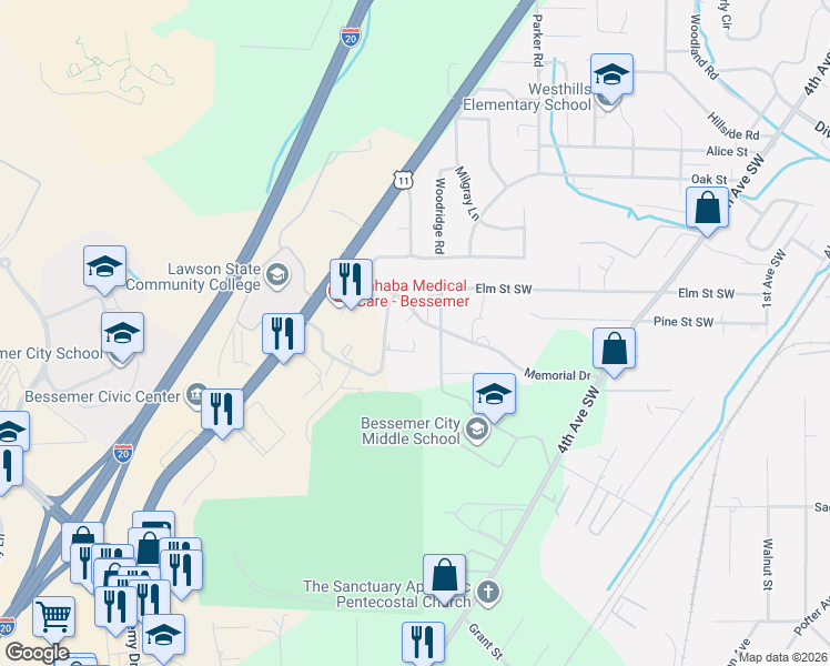 map of restaurants, bars, coffee shops, grocery stores, and more near 710 Memorial Drive in Bessemer