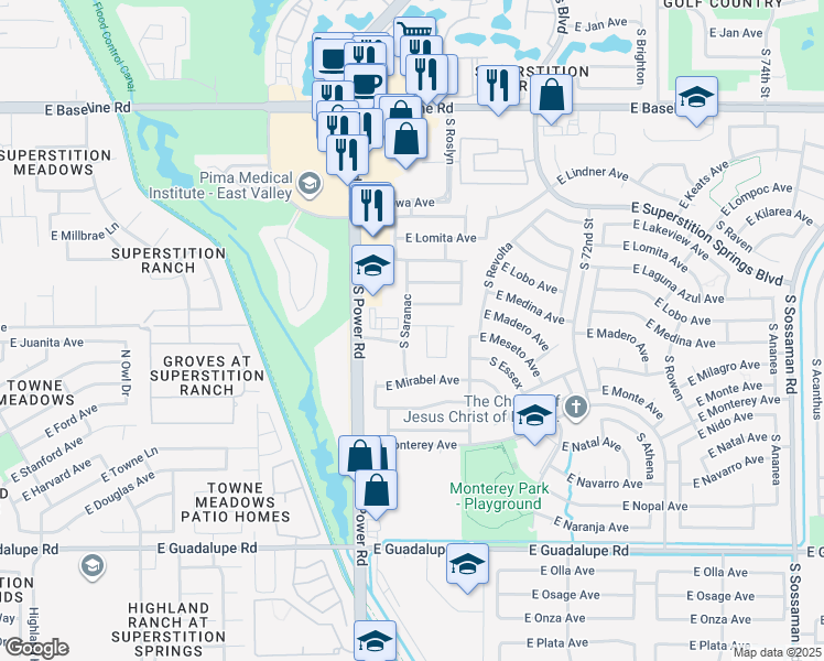 map of restaurants, bars, coffee shops, grocery stores, and more near 2413 S Saranac in Mesa
