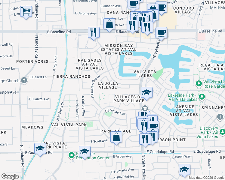 map of restaurants, bars, coffee shops, grocery stores, and more near 1423 East Beacon Drive in Gilbert