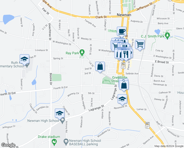 map of restaurants, bars, coffee shops, grocery stores, and more near 21 2nd Avenue in Newnan