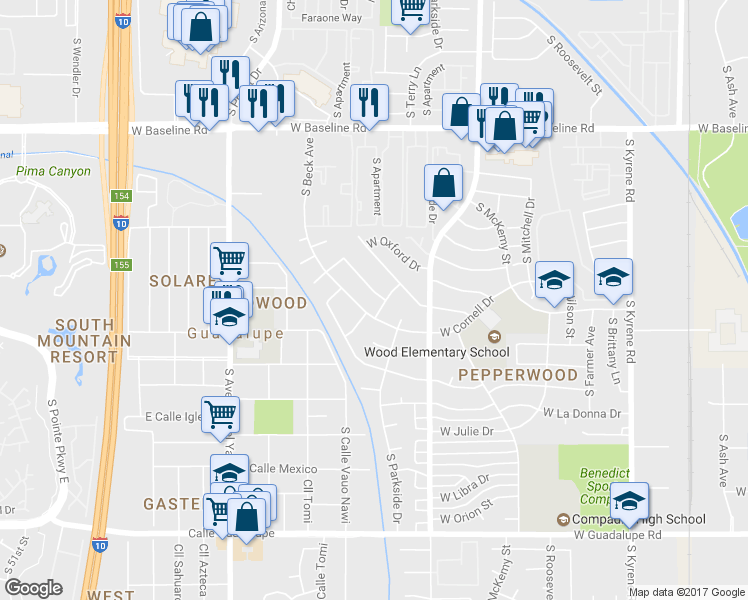 map of restaurants, bars, coffee shops, grocery stores, and more near 1109 West Auburn Drive in Tempe