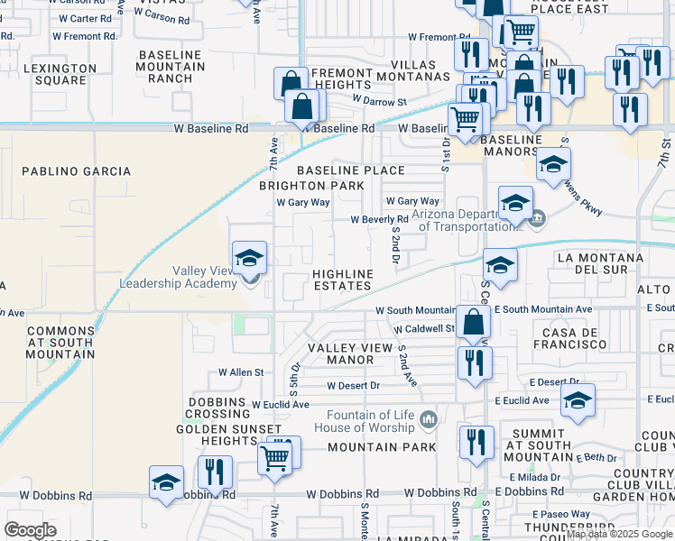 map of restaurants, bars, coffee shops, grocery stores, and more near 424 West Latona Road in Phoenix