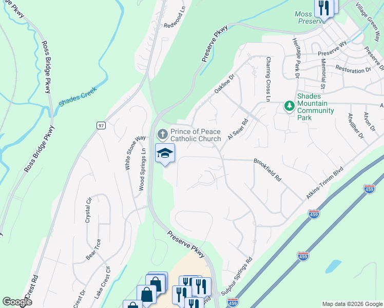 map of restaurants, bars, coffee shops, grocery stores, and more near 741 Highland Manor Court in Birmingham