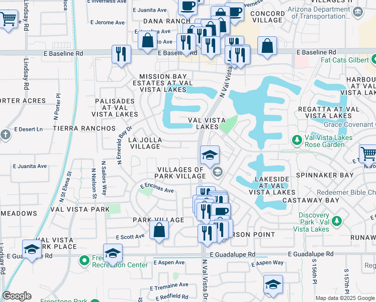 map of restaurants, bars, coffee shops, grocery stores, and more near 1547 East Beacon Drive in Gilbert