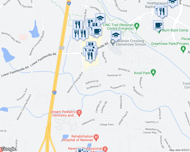 map of restaurants, bars, coffee shops, grocery stores, and more near Seabreeze Way in Newnan