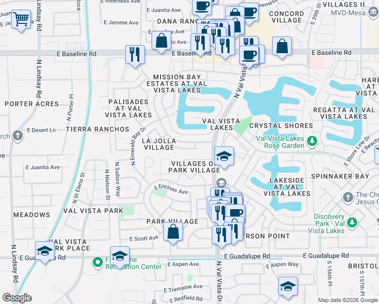 map of restaurants, bars, coffee shops, grocery stores, and more near 1507 East Beacon Drive in Gilbert