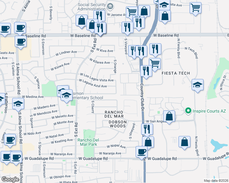 map of restaurants, bars, coffee shops, grocery stores, and more near 558 W Medina Ave in Mesa