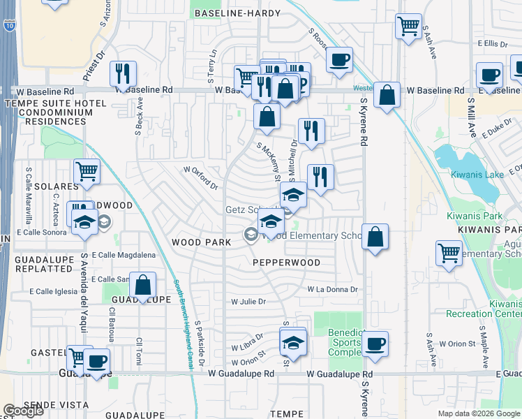 map of restaurants, bars, coffee shops, grocery stores, and more near 819 West Fordham Drive in Tempe