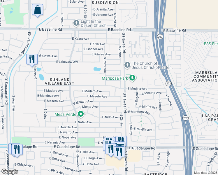 map of restaurants, bars, coffee shops, grocery stores, and more near 8307 East Medina Avenue in Mesa