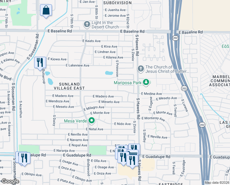 map of restaurants, bars, coffee shops, grocery stores, and more near 8218 East Madero Avenue in Mesa