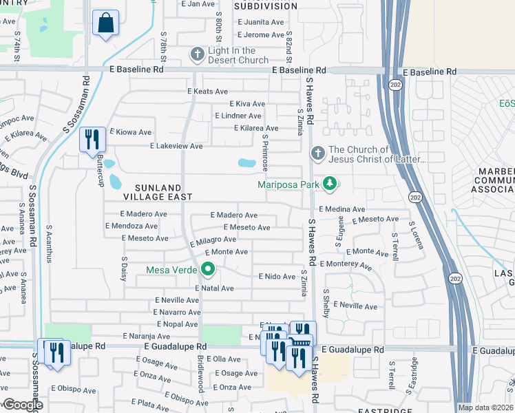 map of restaurants, bars, coffee shops, grocery stores, and more near 8218 East Madero Avenue in Mesa