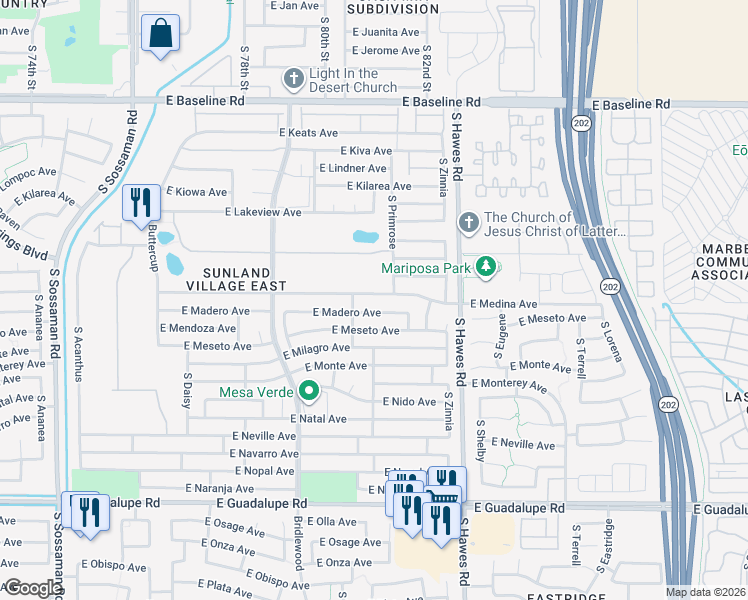 map of restaurants, bars, coffee shops, grocery stores, and more near 8218 East Madero Avenue in Mesa