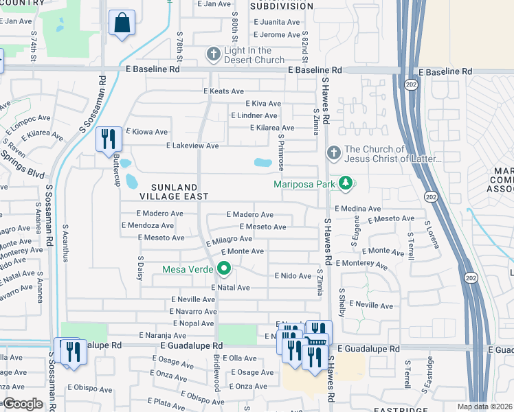 map of restaurants, bars, coffee shops, grocery stores, and more near 8133 East Medina Avenue in Mesa