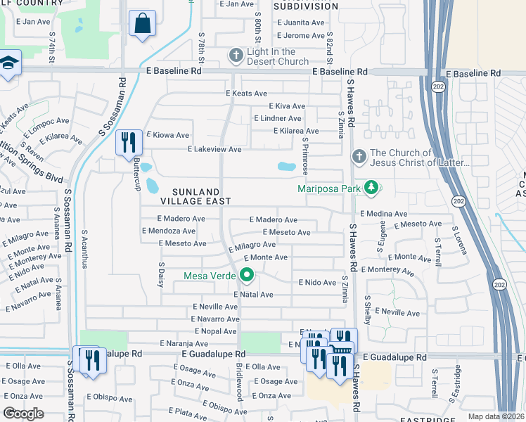 map of restaurants, bars, coffee shops, grocery stores, and more near 8133 East Medina Avenue in Mesa