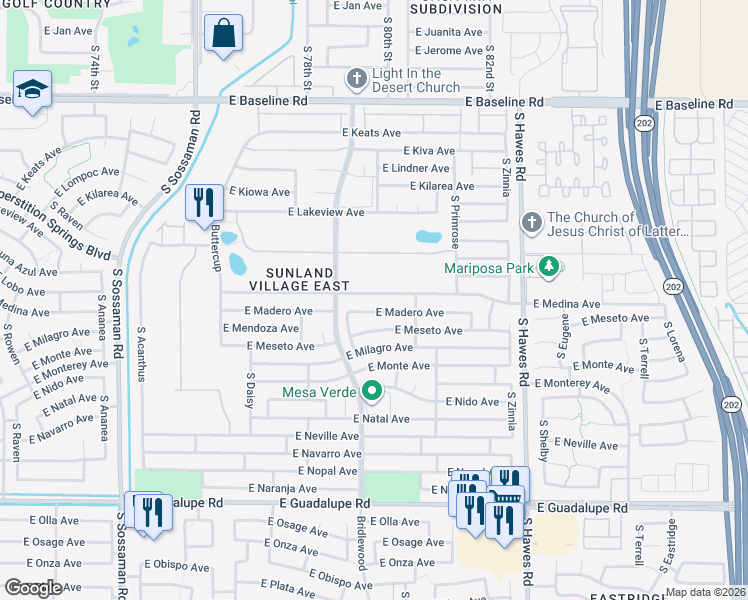 map of restaurants, bars, coffee shops, grocery stores, and more near 8056 East Madero Avenue in Mesa