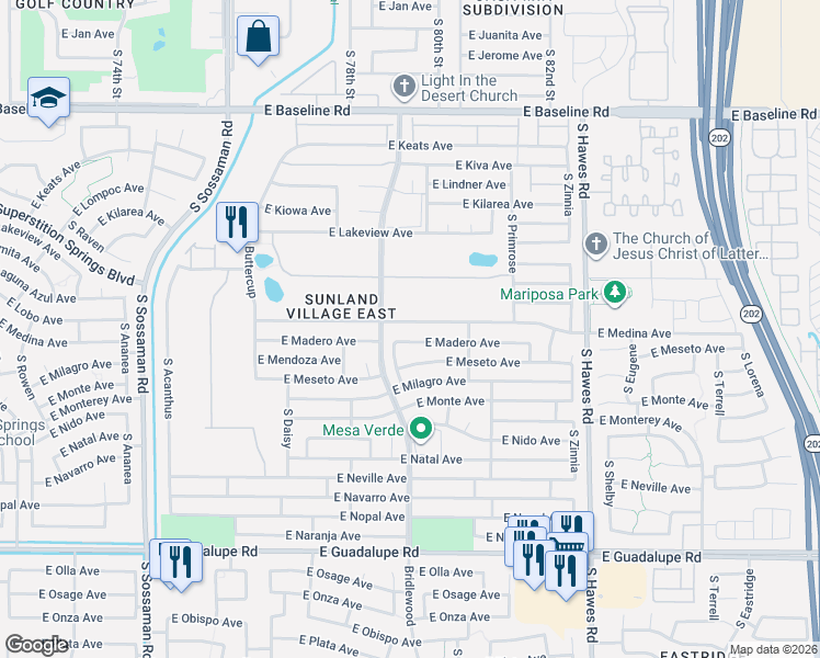 map of restaurants, bars, coffee shops, grocery stores, and more near 8056 East Madero Avenue in Mesa