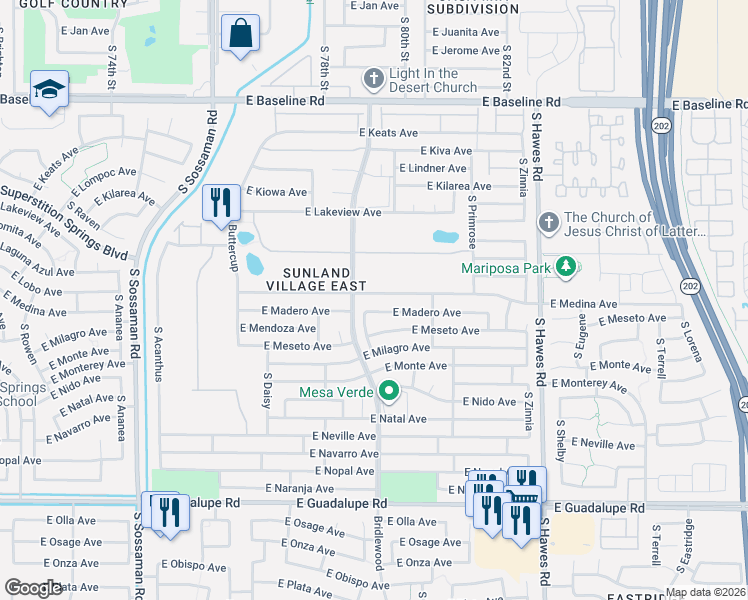 map of restaurants, bars, coffee shops, grocery stores, and more near 8056 East Madero Avenue in Mesa
