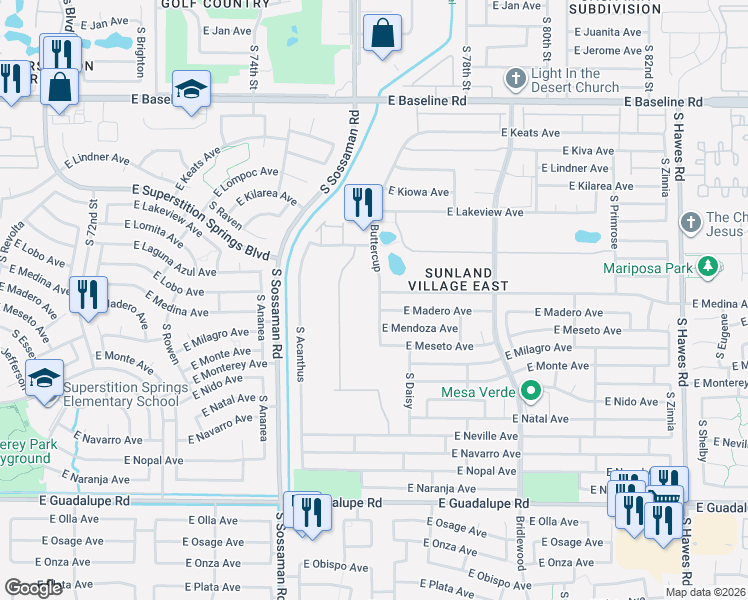 map of restaurants, bars, coffee shops, grocery stores, and more near 7816 East Madero Avenue in Mesa