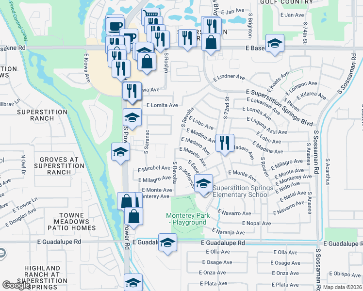map of restaurants, bars, coffee shops, grocery stores, and more near 7054 East Meseto Avenue in Mesa