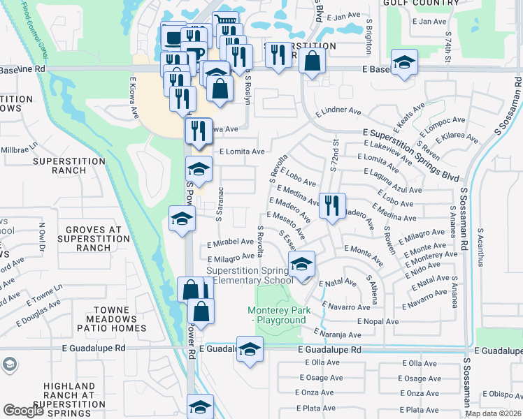 map of restaurants, bars, coffee shops, grocery stores, and more near 2419 South Rosly n in Mesa