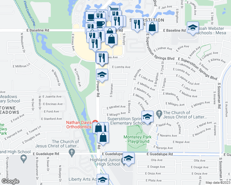 map of restaurants, bars, coffee shops, grocery stores, and more near 2413 South Saranac in Mesa