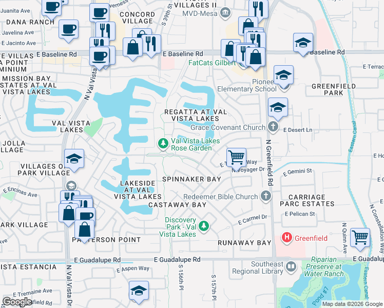 map of restaurants, bars, coffee shops, grocery stores, and more near 2127 East Freeport Lane in Gilbert