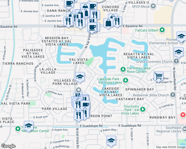 map of restaurants, bars, coffee shops, grocery stores, and more near 133 Beach Club Village Condominiums in Gilbert