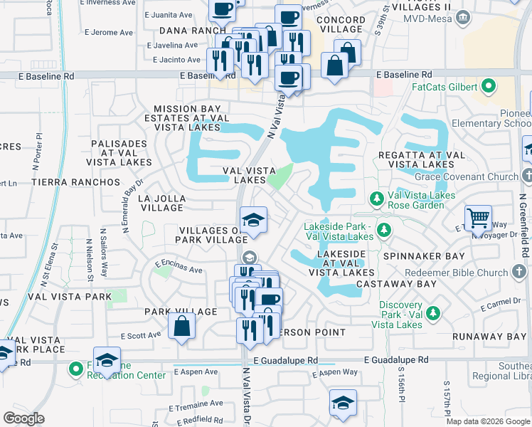 map of restaurants, bars, coffee shops, grocery stores, and more near 1633 East Lakeside Drive in Gilbert