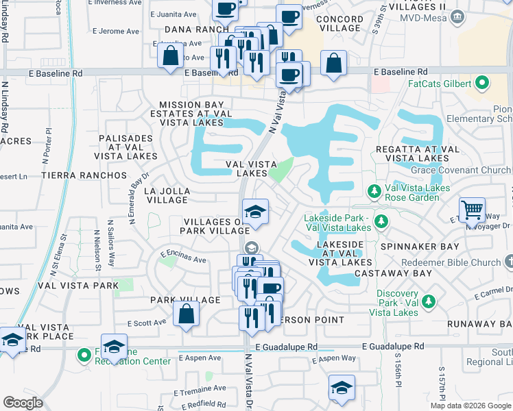 map of restaurants, bars, coffee shops, grocery stores, and more near 1633 East Lakeside Drive in Gilbert