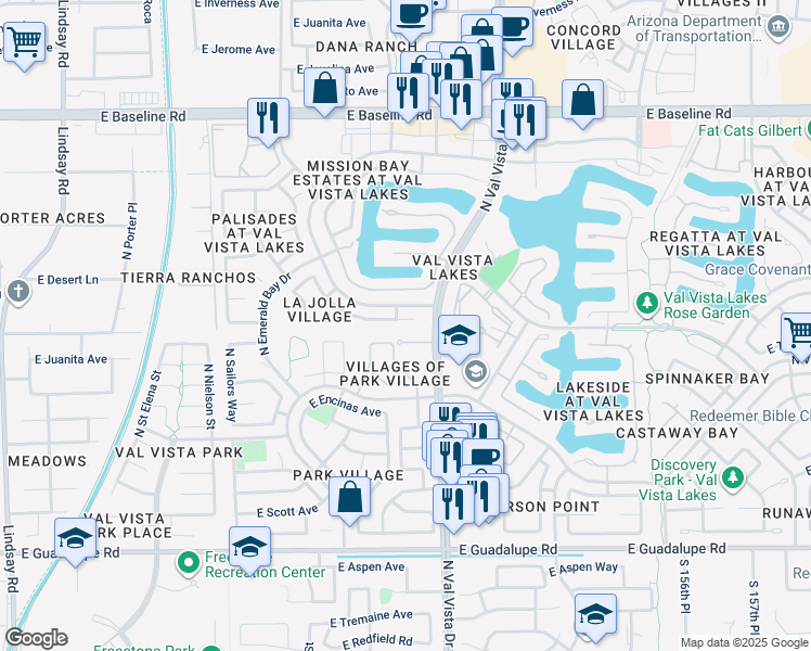 map of restaurants, bars, coffee shops, grocery stores, and more near 1547 East Beacon Drive in Gilbert
