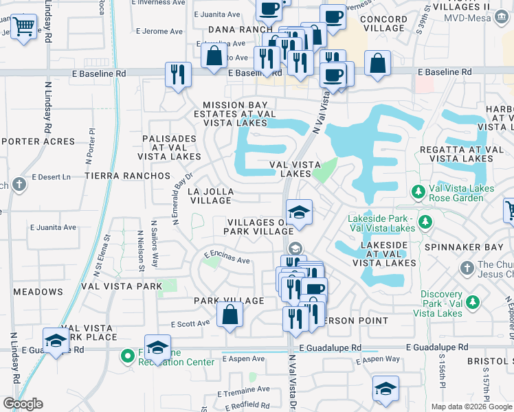 map of restaurants, bars, coffee shops, grocery stores, and more near 1547 East Beacon Drive in Gilbert