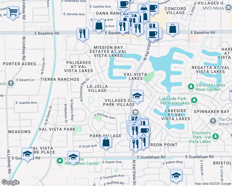 map of restaurants, bars, coffee shops, grocery stores, and more near 1507 East Beacon Drive in Gilbert