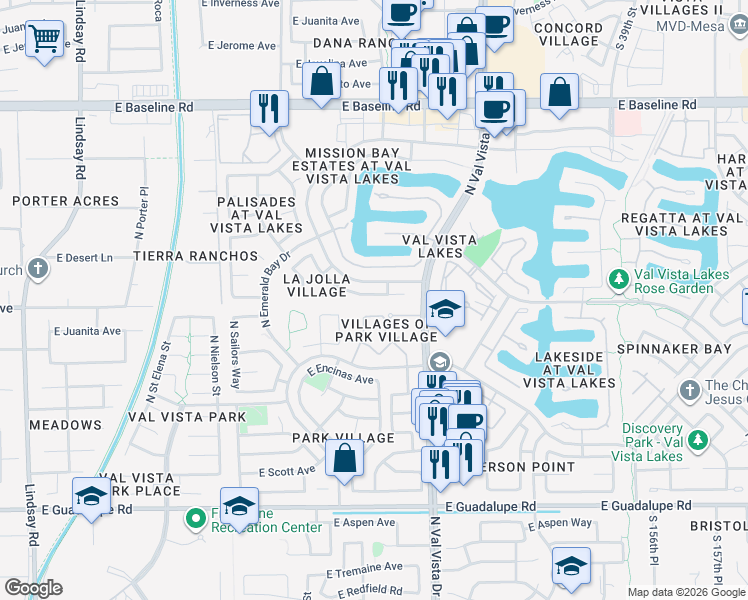 map of restaurants, bars, coffee shops, grocery stores, and more near 1507 East Beacon Drive in Gilbert