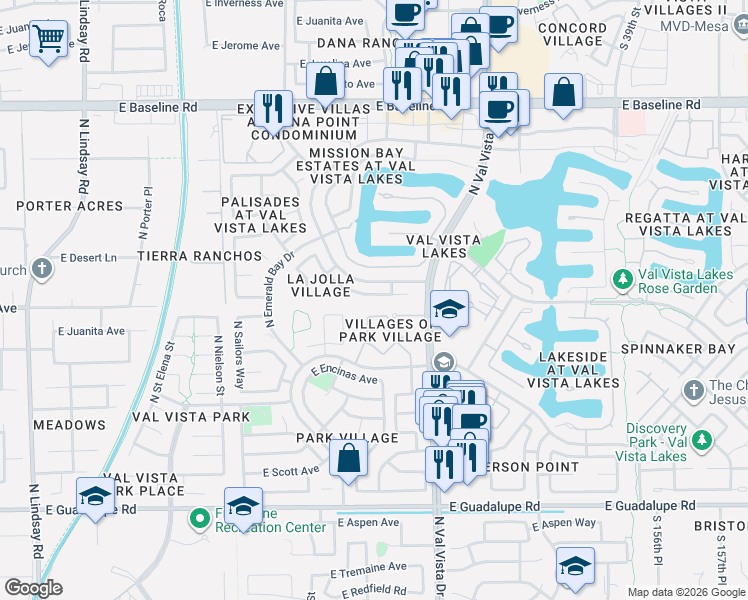 map of restaurants, bars, coffee shops, grocery stores, and more near 1507 East Beacon Drive in Gilbert
