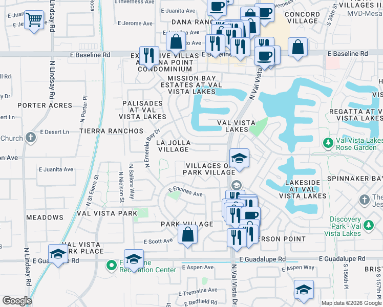 map of restaurants, bars, coffee shops, grocery stores, and more near 1507 East Beacon Drive in Gilbert
