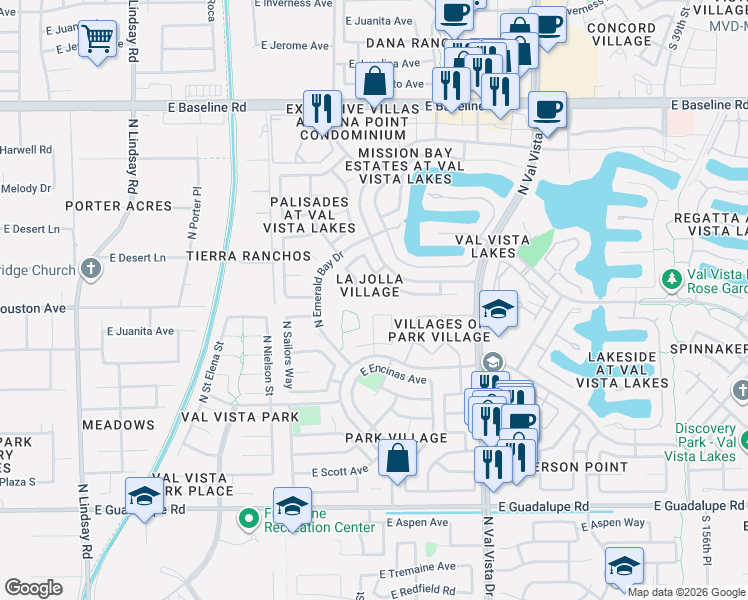 map of restaurants, bars, coffee shops, grocery stores, and more near 1423 East Beacon Drive in Gilbert